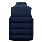 Men's navy blue waterproof insulated sleeveless vest, back view