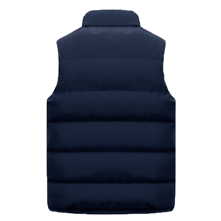 Men's navy blue waterproof insulated sleeveless vest, back view