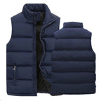 Men's navy blue waterproof insulated sleeveless vest with zipper, front and back view