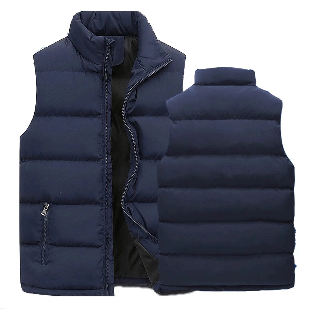 Men's navy blue waterproof insulated sleeveless vest with zipper, front and back view
