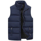 Men's navy blue waterproof insulated sleeveless vest with open zipper, front view