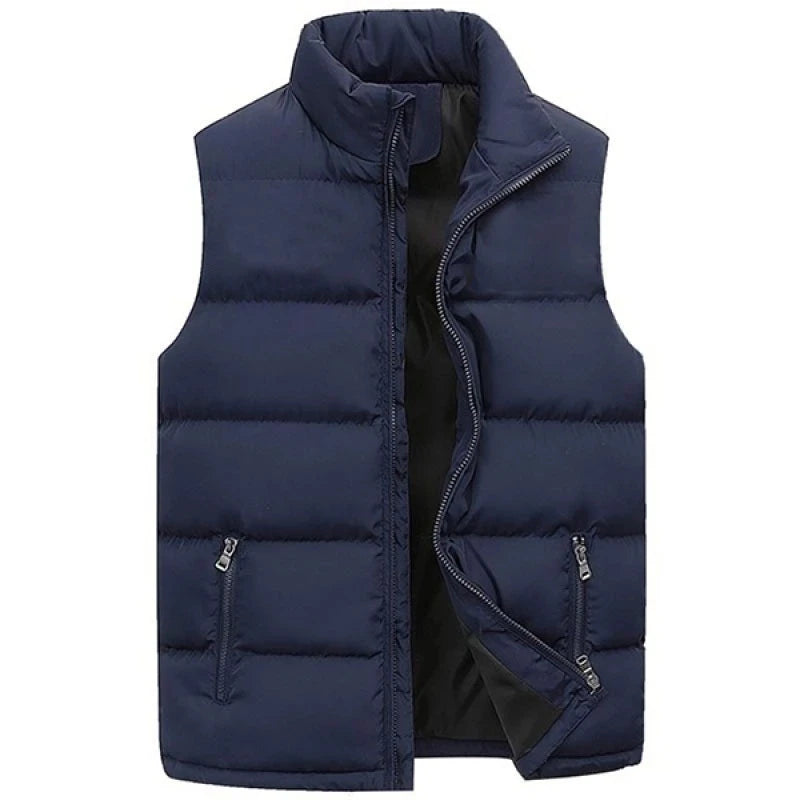 Men's navy blue waterproof insulated sleeveless vest open front showing zip pockets detail
