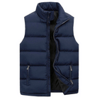 Men's navy blue waterproof insulated sleeveless vest open front showing black interior lining