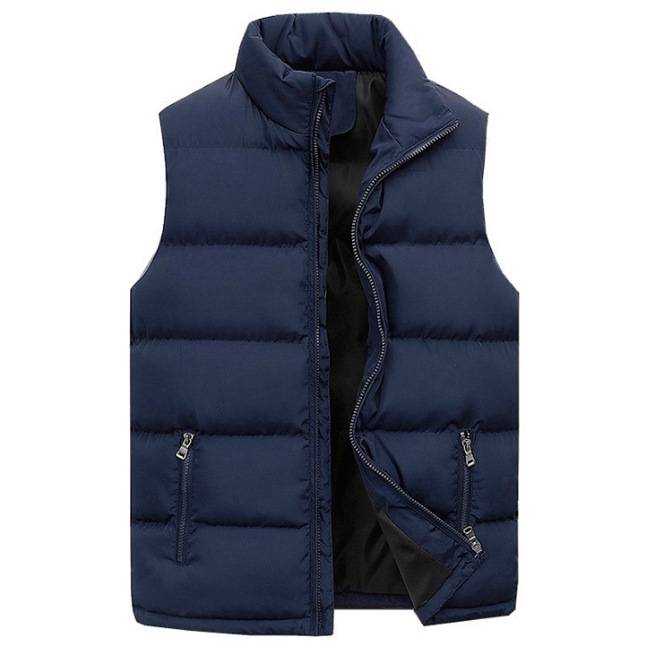 Men's navy blue waterproof insulated sleeveless vest open front showing black interior lining