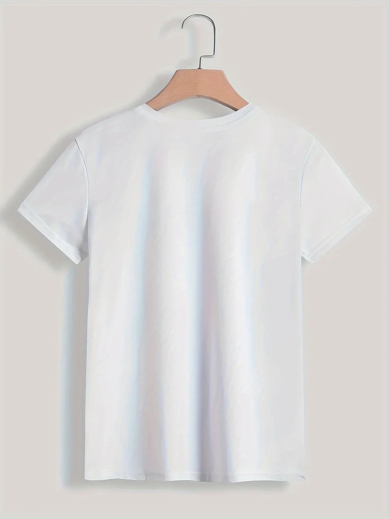 Women's white short sleeve crew neck t-shirt on hanger, plain back view, lightweight polyester fabric