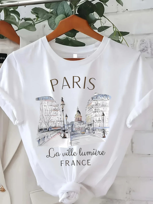 Women's white Paris graphic tee with La Ville Lumiere France print, crew neck, short sleeve, on hanger