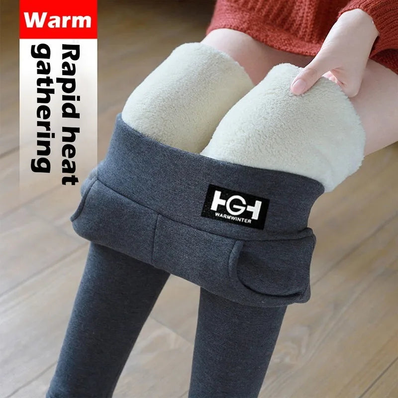 Women's gray fleece lined leggings high waist thermal pants with pockets - warm winter wear