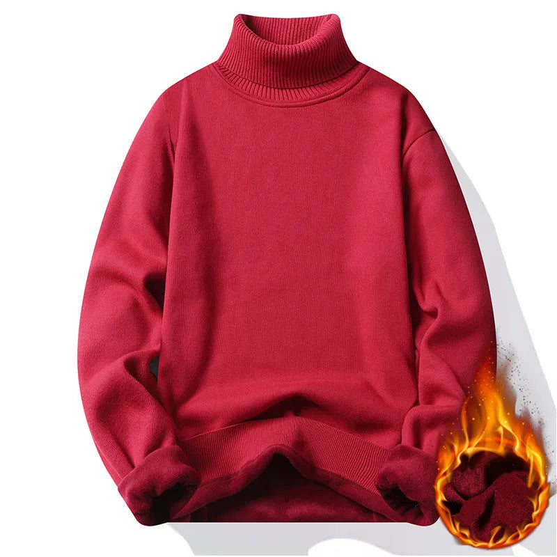 Men's red premium turtleneck sweater warm knitted pullover fleece lined winter