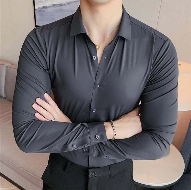 Men's charcoal gray premium formal dress shirt high elasticity seamless long sleeve crossed arms pose