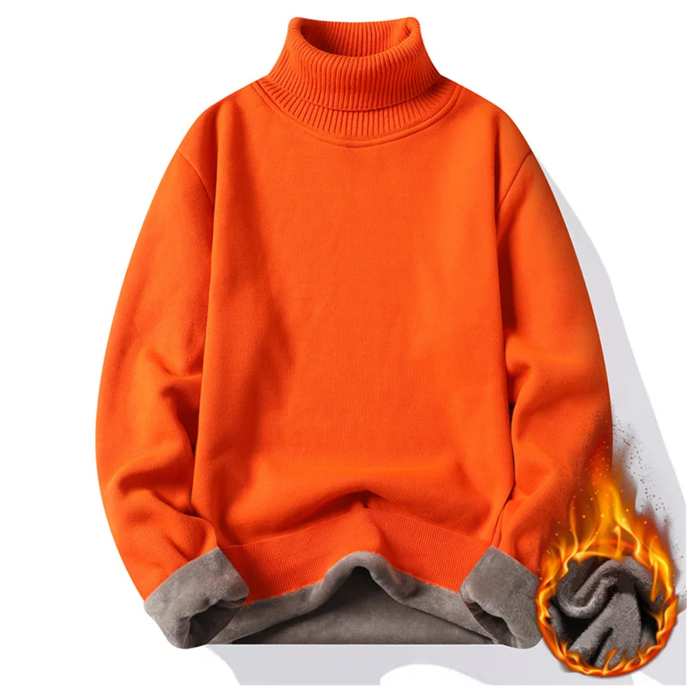 Men's orange premium turtleneck sweater warm knitted pullover fleece lined winter
