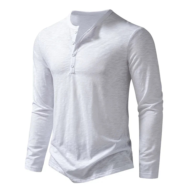 Men's white henley neck t-shirt side angle view long sleeve button casual shirt