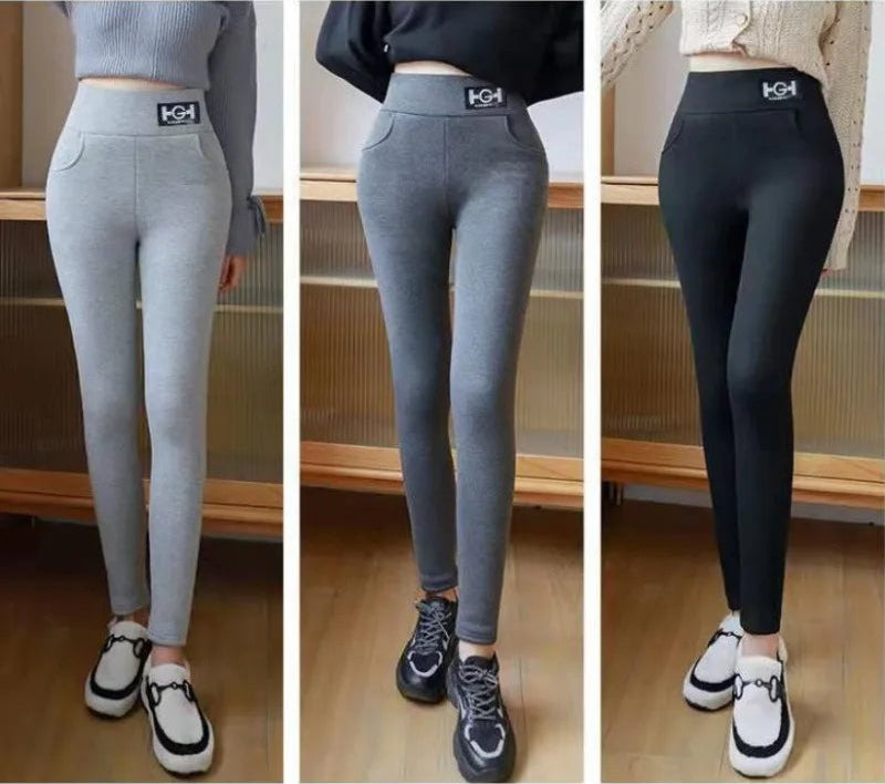 Women's fleece lined leggings in light gray, dark gray and black - high waist thermal pants