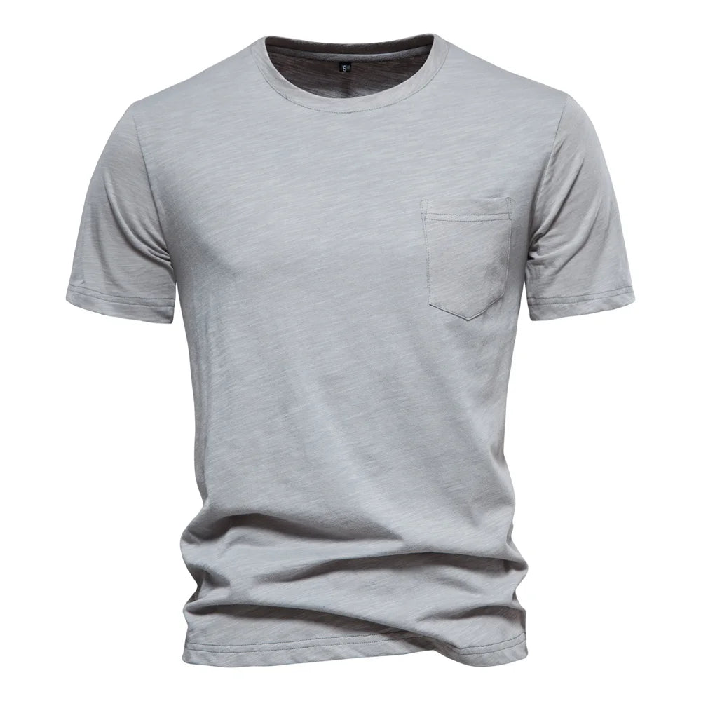 Light gray men's 100% cotton t-shirt with chest pocket, O-neck and short sleeves on white background