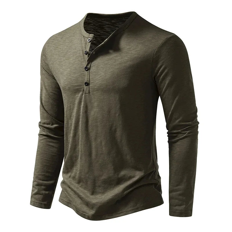 Men's army green cotton henley neck t-shirt long sleeve button casual slim fit