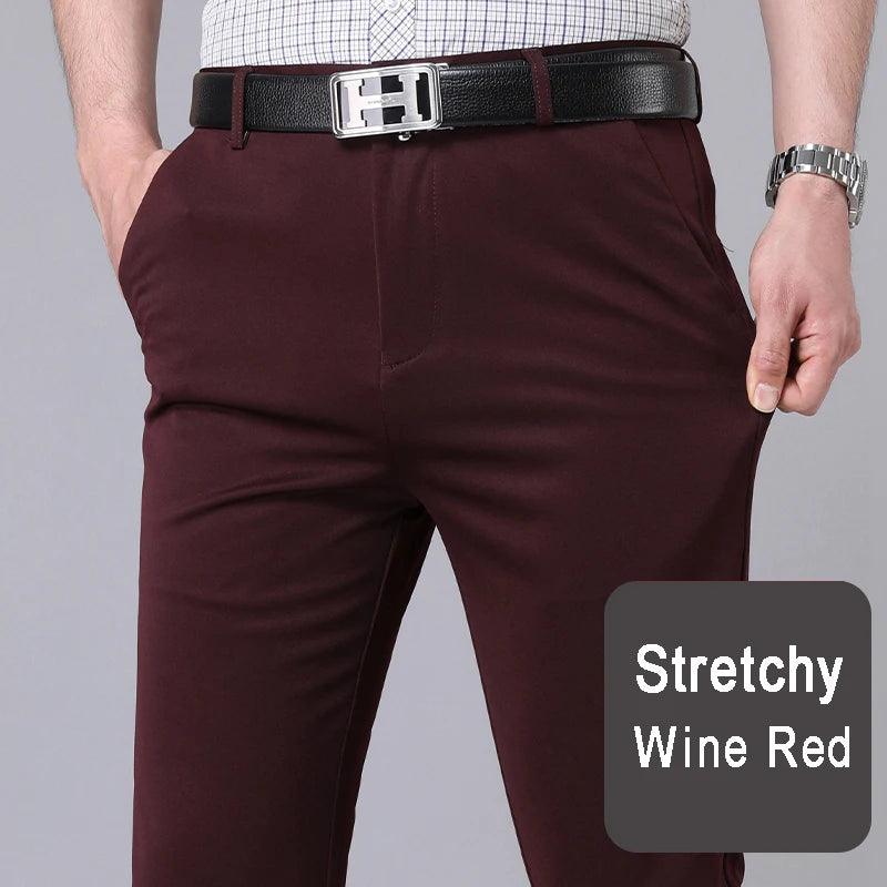 Men's wine red burgundy stretch dress pants smart casual office trousers quick dry stretchy fabric