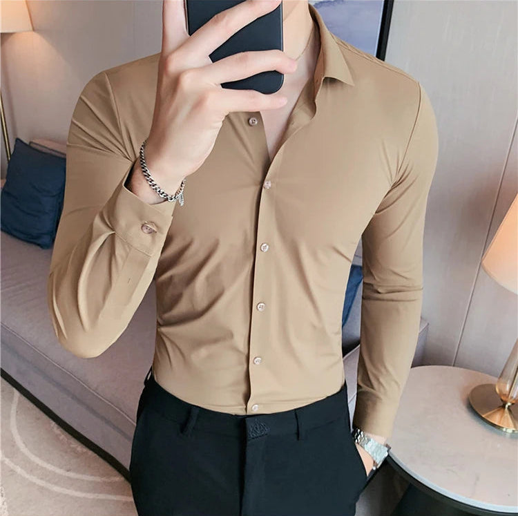 Men's beige premium formal dress shirt high elasticity seamless fabric stretch demonstration detail