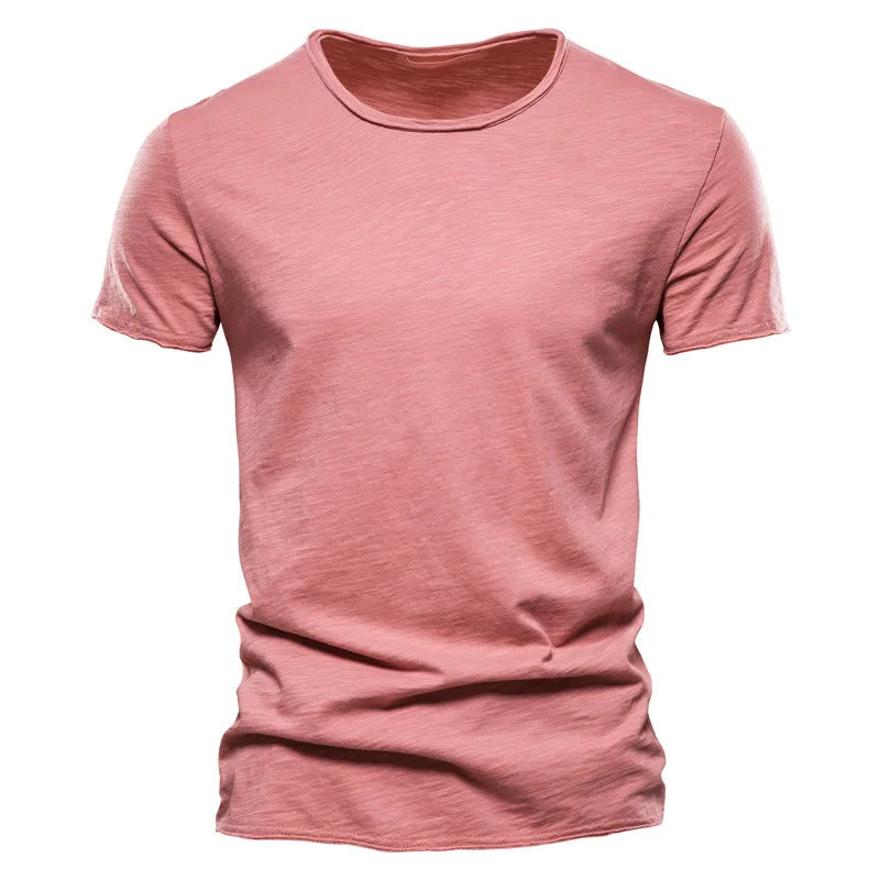 Pink men's 100% cotton t-shirt with O-neck and short sleeves, front view on white background