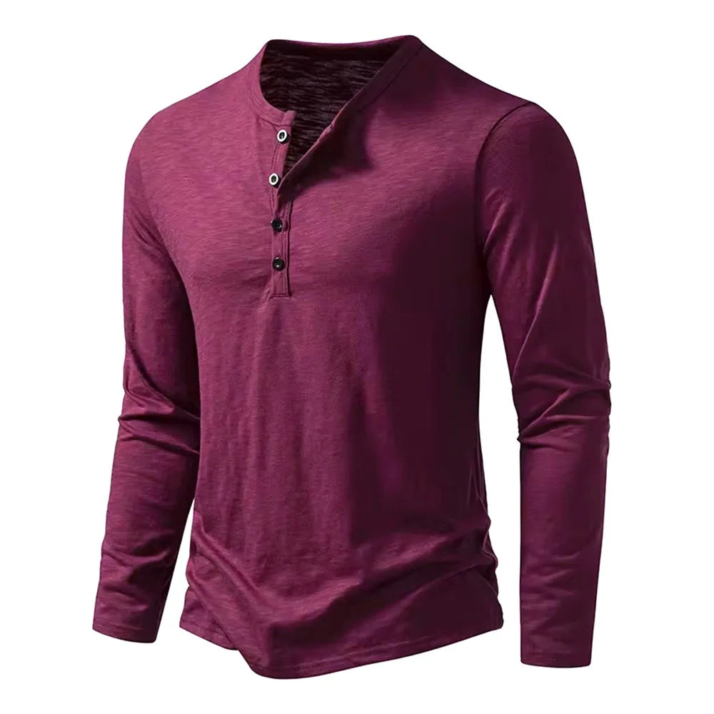 Men's burgundy cotton henley neck t-shirt long sleeve button casual slim fit
