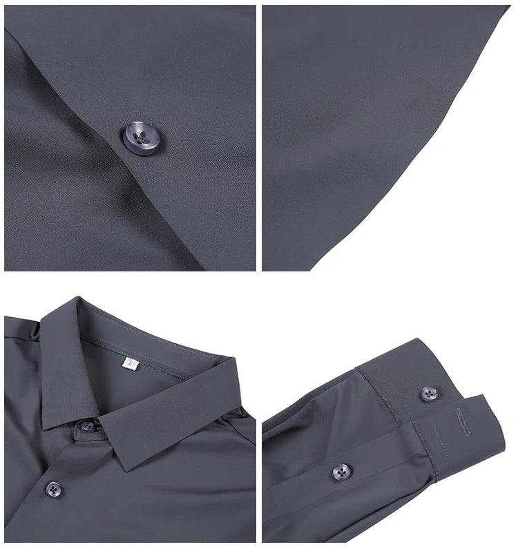 Men's charcoal gray premium formal dress shirt button detail close-up seamless construction