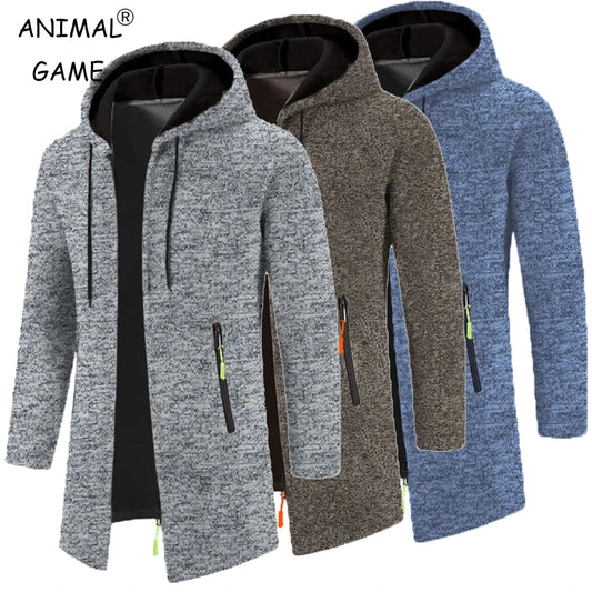 Men's long sleeve zipper hoodies in gray, brown, and blue colors with black hoods - winter sweatshirt jacket coats