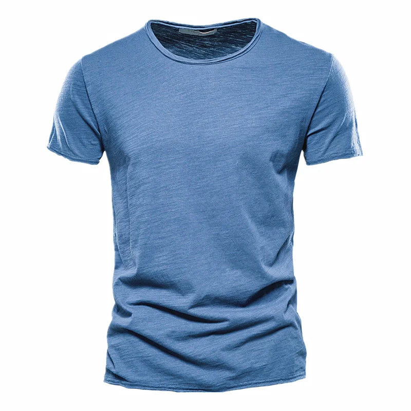 Light blue men's 100% cotton t-shirt with O-neck and short sleeves, front view on white background