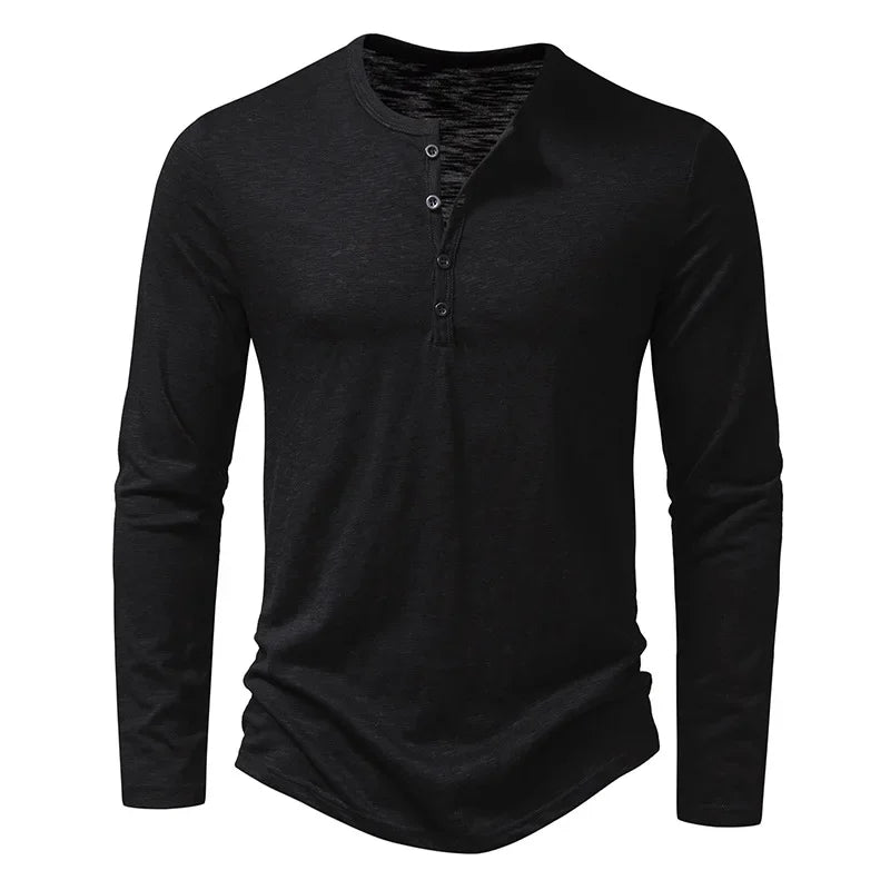 Men's black cotton henley neck t-shirt long sleeve button casual slim fit front view