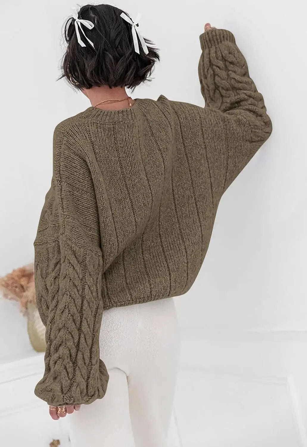 Women's khaki O-neck knitted sweater back view cable knit pattern loose fit winter 2025
