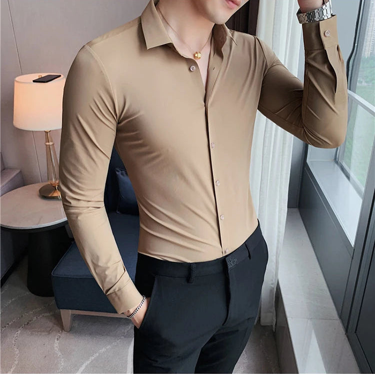 Men's beige premium formal dress shirt high elasticity seamless long sleeve side view lifestyle