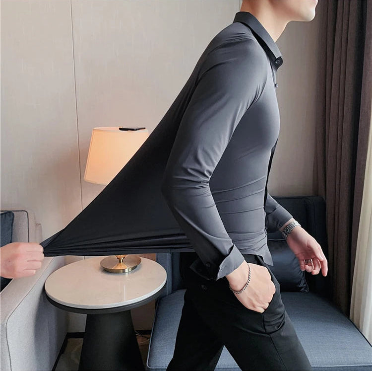 Men's charcoal gray premium formal dress shirt high elasticity seamless long sleeve side view lifestyle