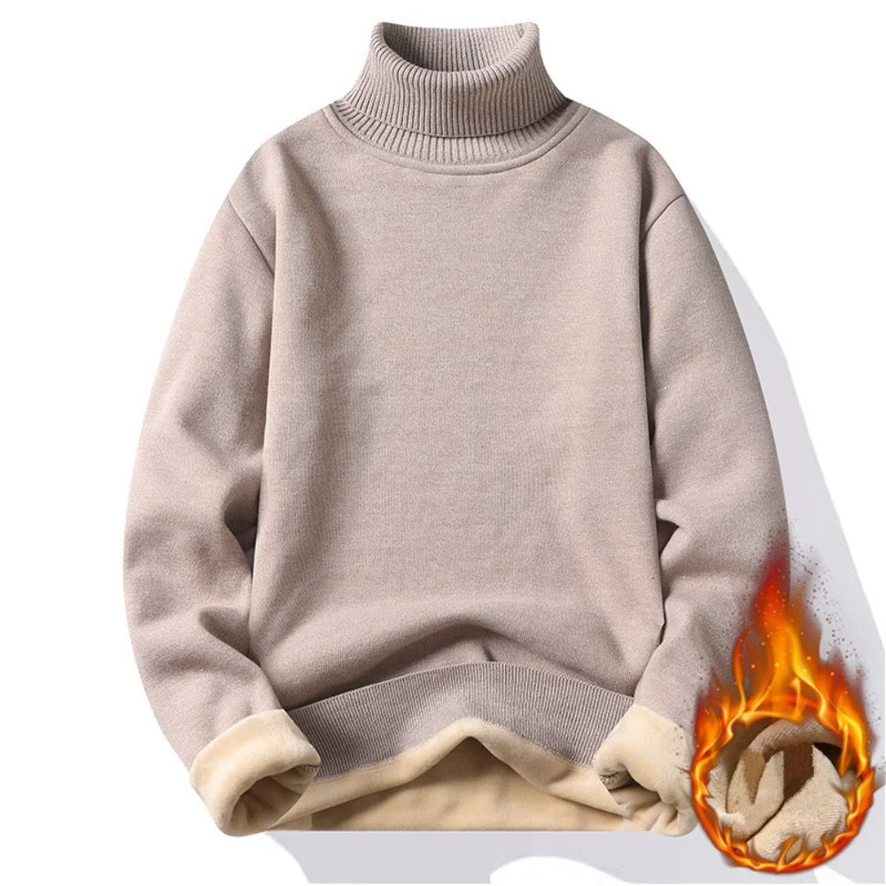 Men's beige premium turtleneck sweater warm knitted pullover fleece lined winter