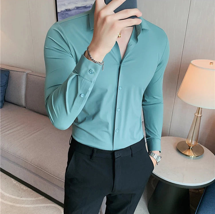 Men's teal blue premium formal dress shirt high elasticity seamless long sleeve business casual lifestyle
