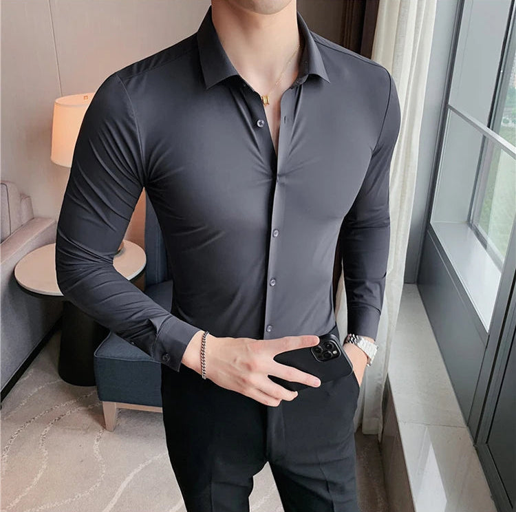 Men's charcoal gray premium formal dress shirt high elasticity seamless long sleeve full body view