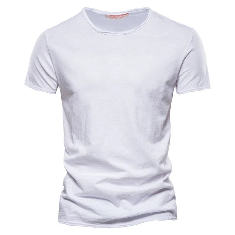 White men's 100% cotton t-shirt with O-neck and short sleeves, front view on white background