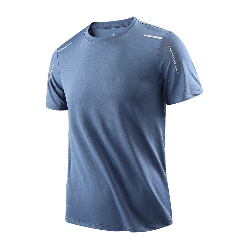 Light blue CHRLCK Men's Quick Dry Running T-Shirt with reflective details on sleeves, front view on white background