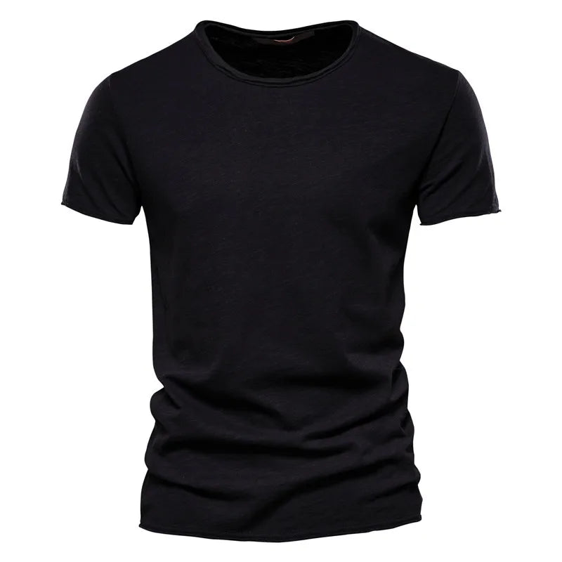 Black men's 100% cotton t-shirt with O-neck and short sleeves, front view on white background