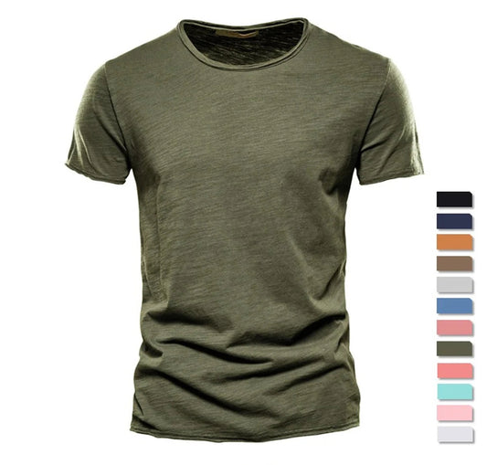 Olive green men's 100% cotton t-shirt with O-neck and short sleeves, color swatches showing available options