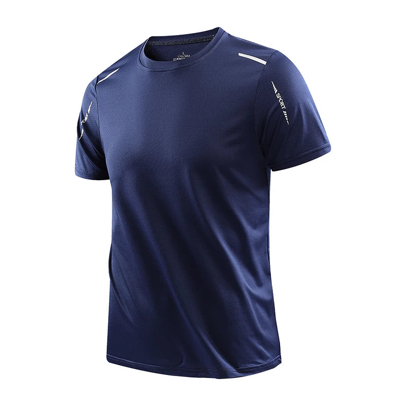 Navy blue CHRLCK Men's Quick Dry Running T-Shirt with reflective details on sleeves, front view on white background