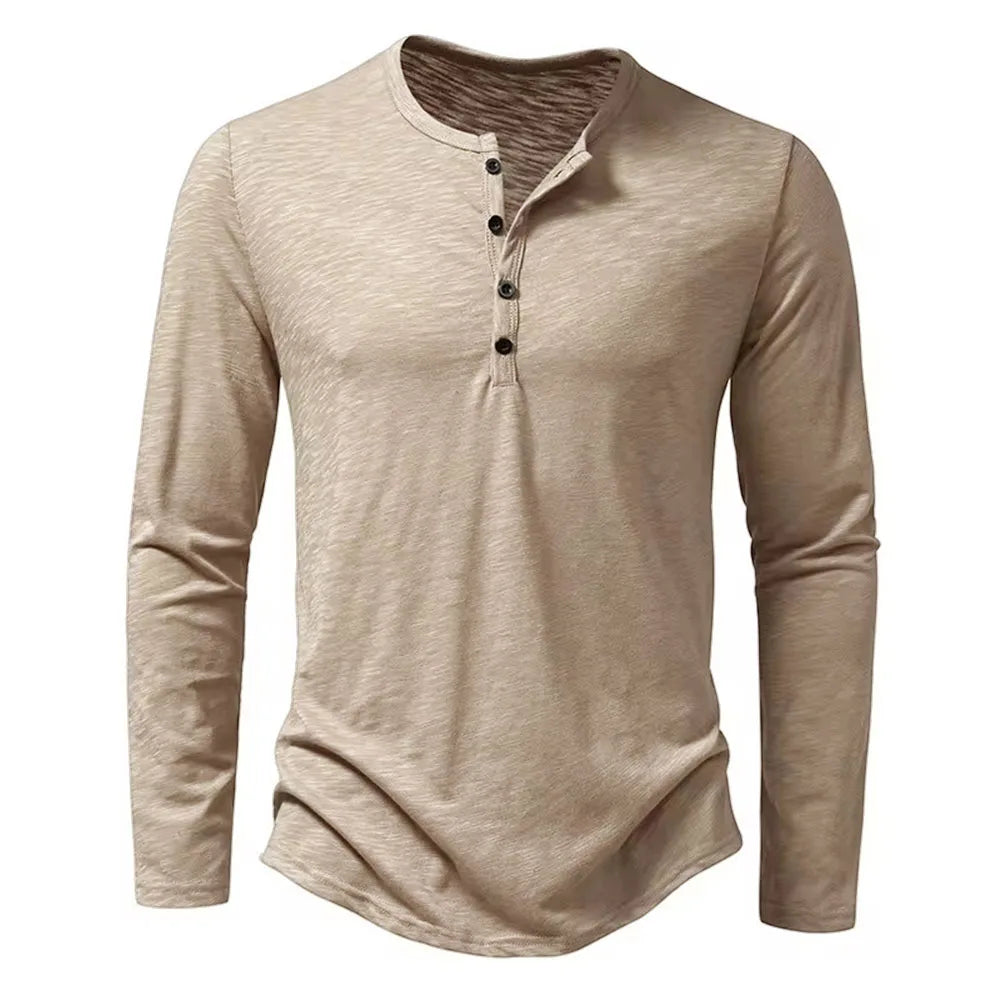 Men's beige cotton henley neck t-shirt long sleeve button casual slim fit front view