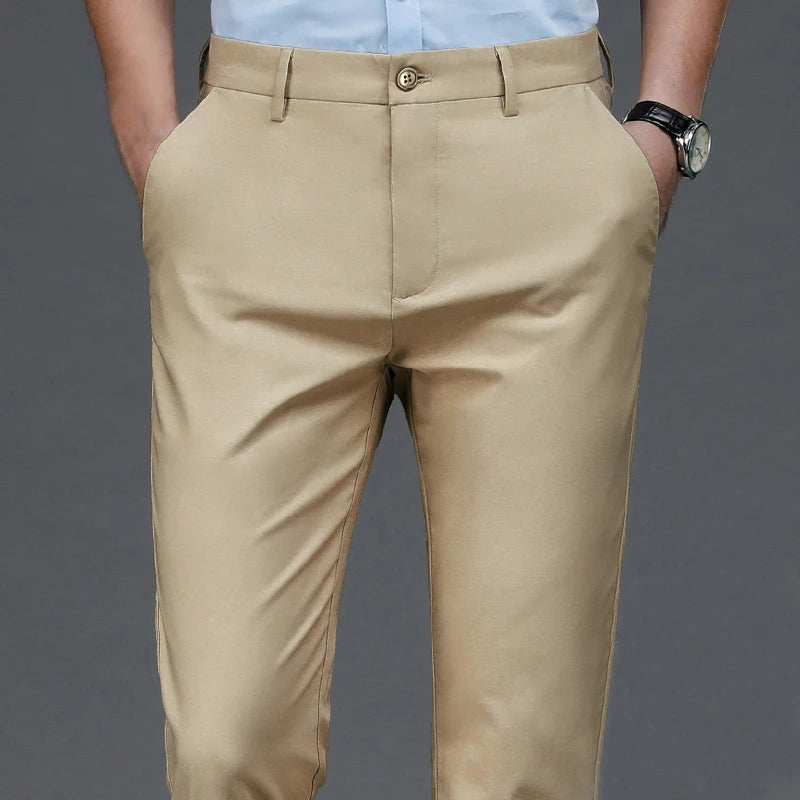 Men's beige khaki stretch dress pants smart casual office trousers quick dry front view
