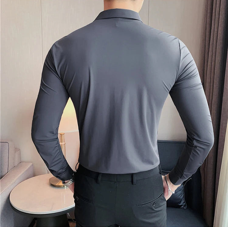 Men's charcoal gray premium formal dress shirt back view high elasticity seamless long sleeve