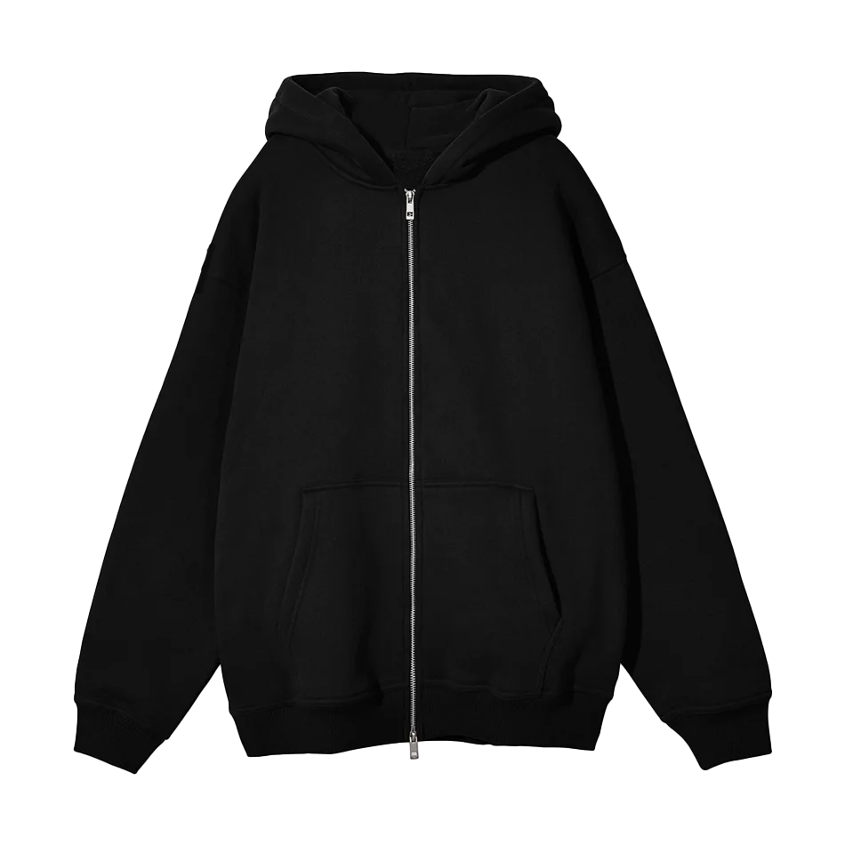 Close-up of black Rindu zip-up hoodie showing zipper detail and logo