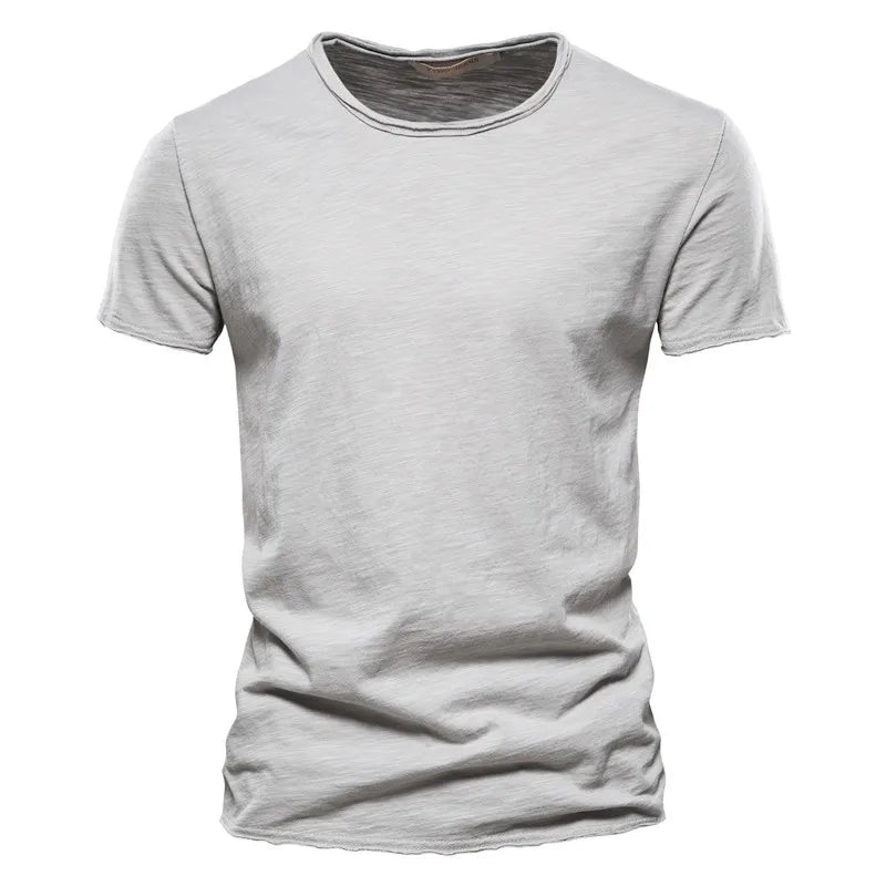 White men's 100% cotton t-shirt with O-neck and short sleeves, front view on white background