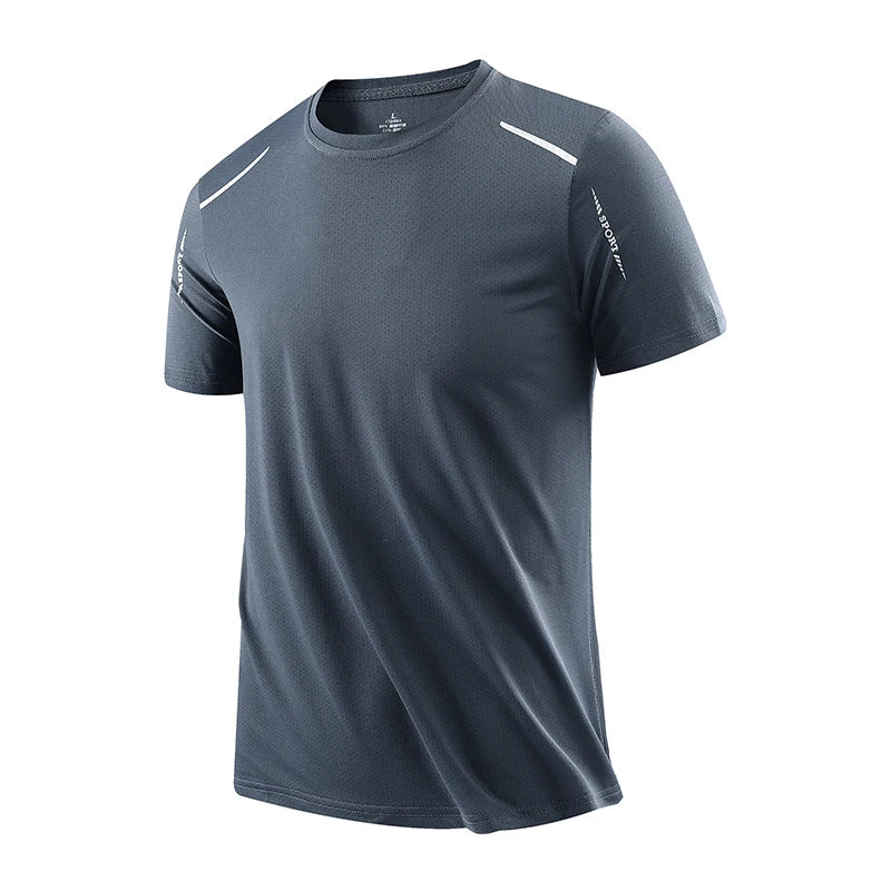 Dark gray CHRLCK Men's Quick Dry Running T-Shirt with reflective details on sleeves, front view on white background