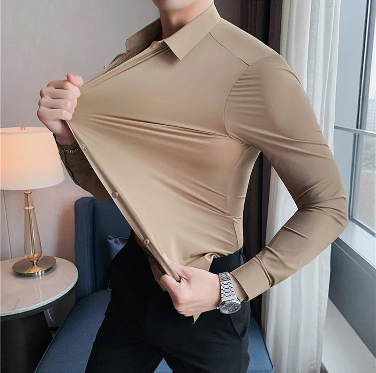 Men's beige premium formal dress shirt high elasticity seamless fabric flexibility demonstration