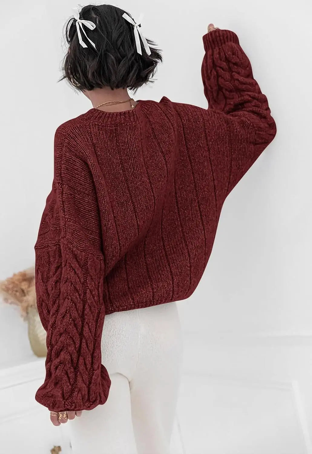 Women's wine red O-neck knitted sweater back view cable knit pattern loose fit winter 2025