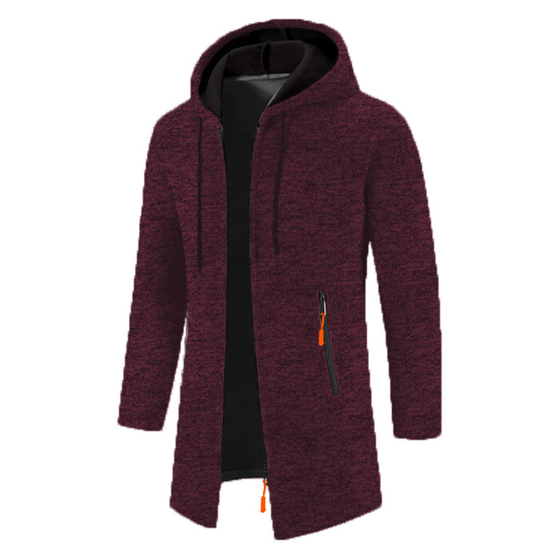 Burgundy men's long sleeve zipper hoodie with black hood and orange accents - winter sweatshirt jacket coat, side view