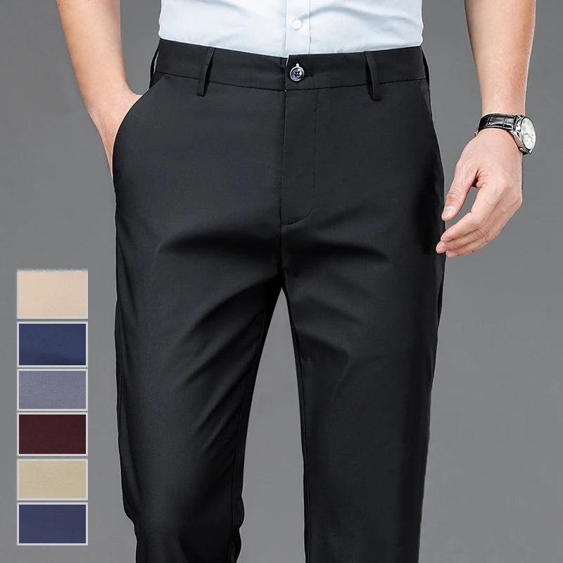 Men's black stretch dress pants smart casual office trousers quick dry front view