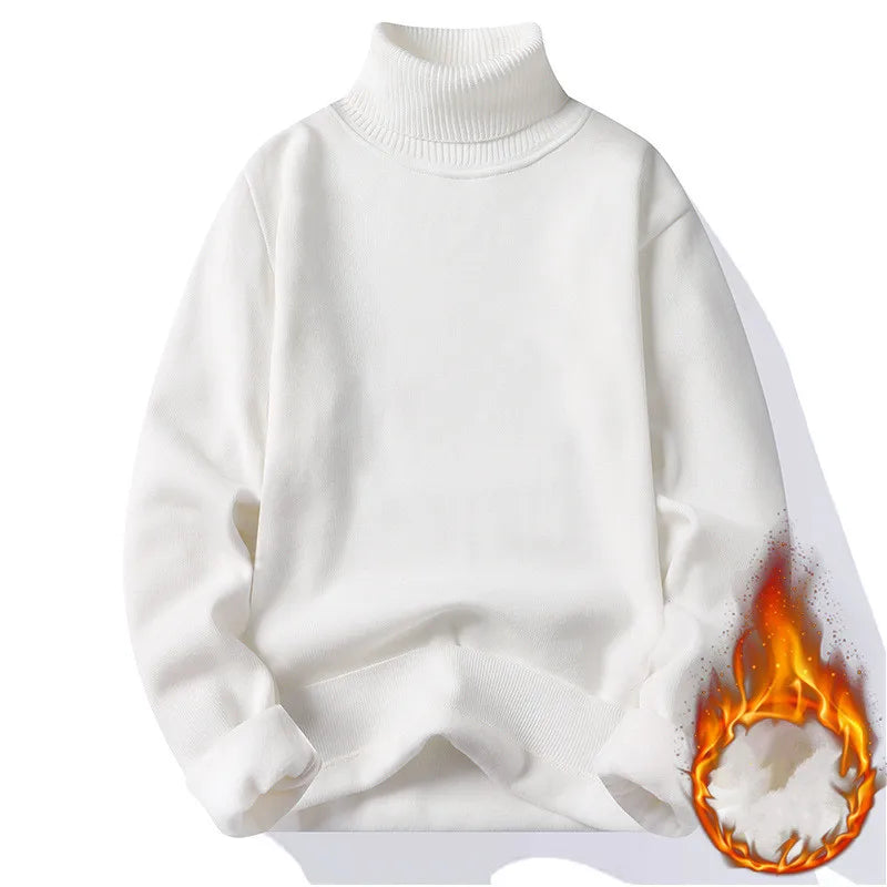 Men's white premium turtleneck sweater warm knitted pullover fleece lined winter