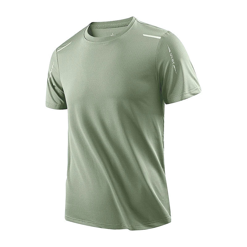 Olive green CHRLCK Men's Quick Dry Running T-Shirt with reflective details on sleeves, front view on white background