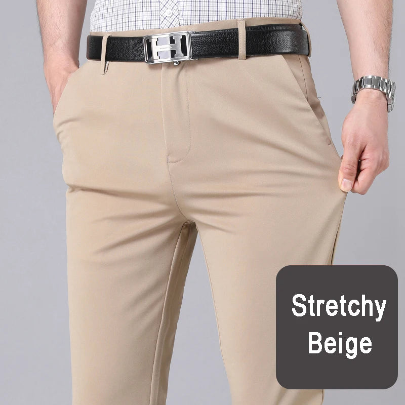 Men's beige khaki stretch dress pants smart casual office trousers quick dry stretchy fabric demonstration